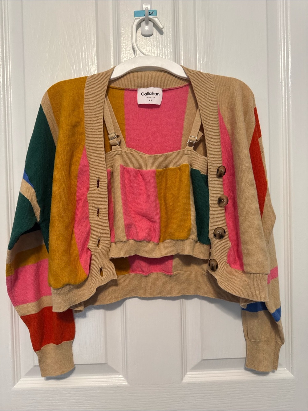 Callahan Knitwear Colorblock Cotton Cardigan & Crop Top Set XS